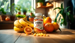 健康志向の葉酸サプリが、居心地の良いキッチンで新鮮な果物のそばに置かれている。