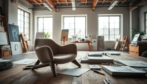 Mettre en valeur les créations de fredericjulien-design.fr avec un fauteuil moderne dans un studio lumineux.