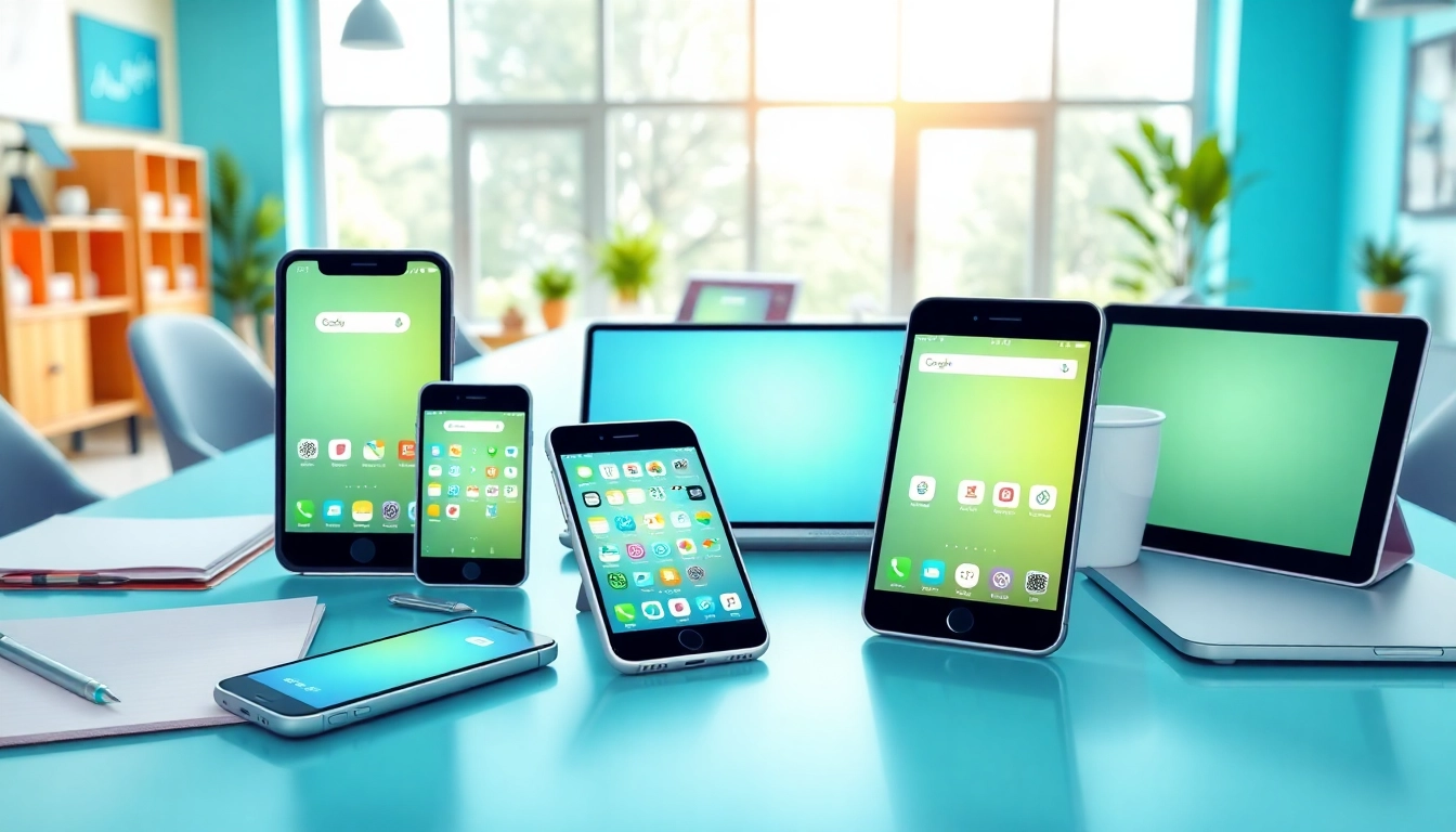 Showcasing innovative mobile apps on devices in a modern workspace setting.