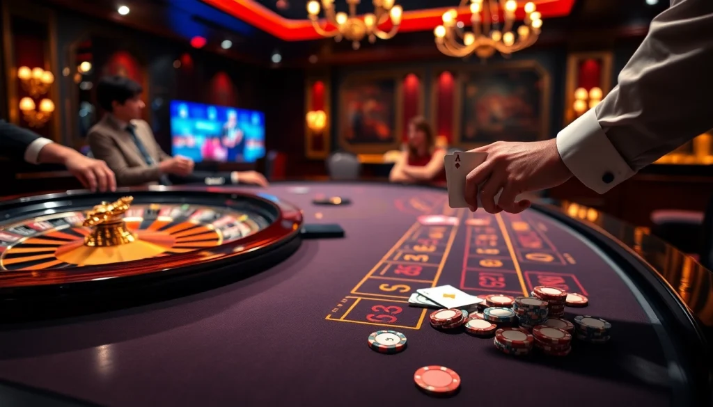 Experience thrilling ib88 action at an elegant blackjack table in a luxury casino setting.