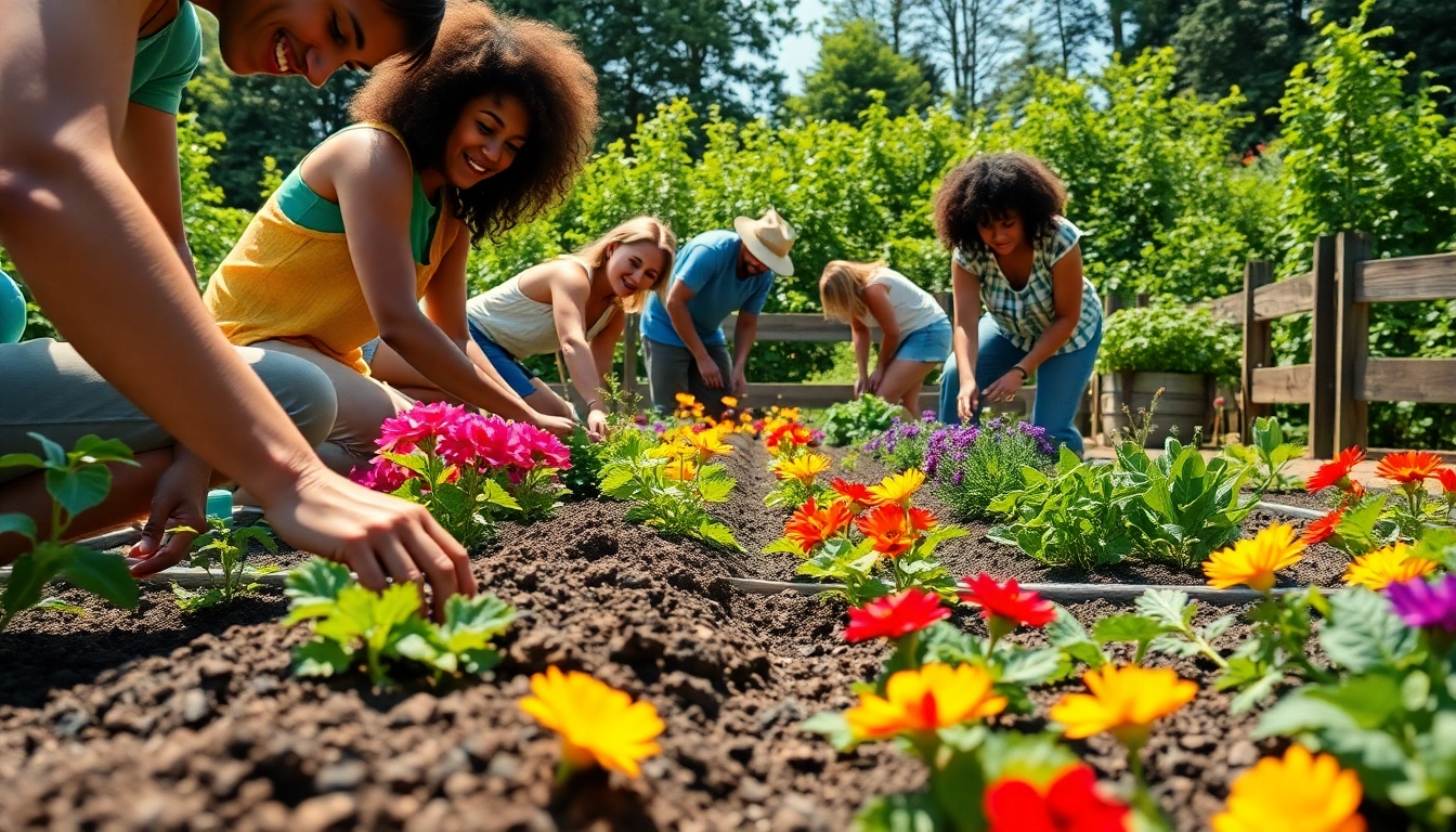 Engaged community working together in Gardening, planting vibrant flowers and vegetables.