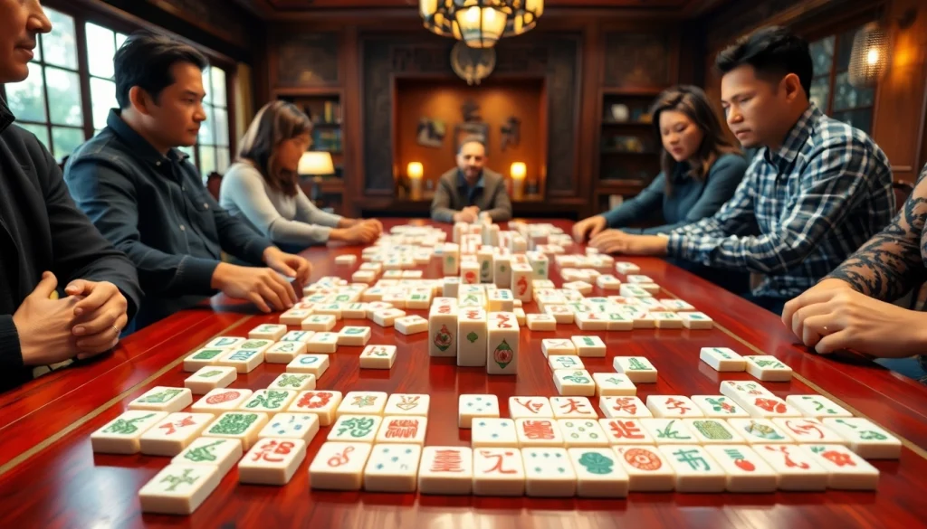 Mahjong game setup yang menarik dengan pemain antusias di sekelilingnya.