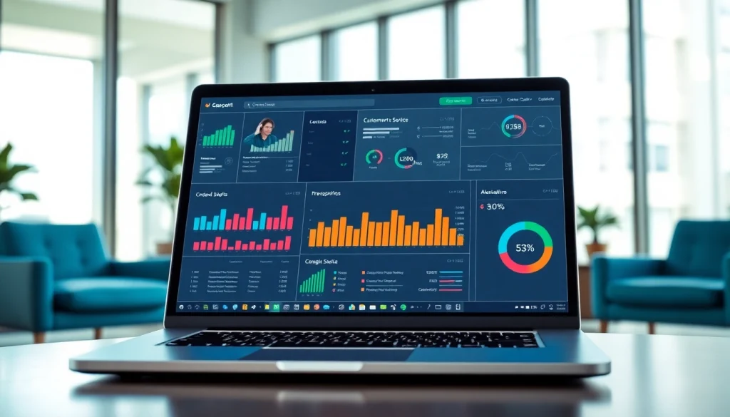 Showcase of call center software used by an agent in a modern office setting.
