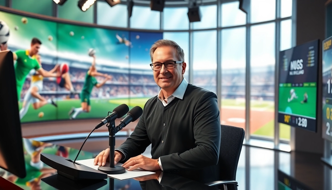 Catch live sports coverage at https://sportnation.nz featuring a dynamic sports commentator in a vibrant studio.