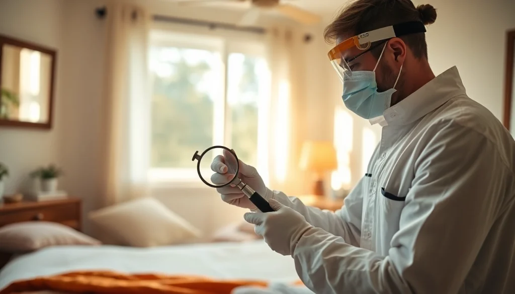 Inspecting for bed bugs at https://affordablebedbugexterminators.com by a professional technician in a cozy bedroom.