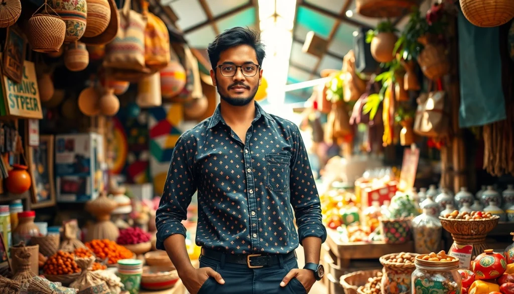 Kolkata entreprenure showcasing innovation in a lively marketplace with ethical products.