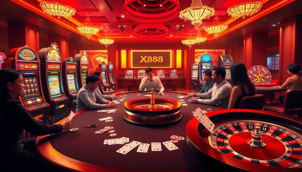 Experience the thrilling atmosphere of https://xx88.pizza/ with vibrant casino tables and players enjoying diverse games.