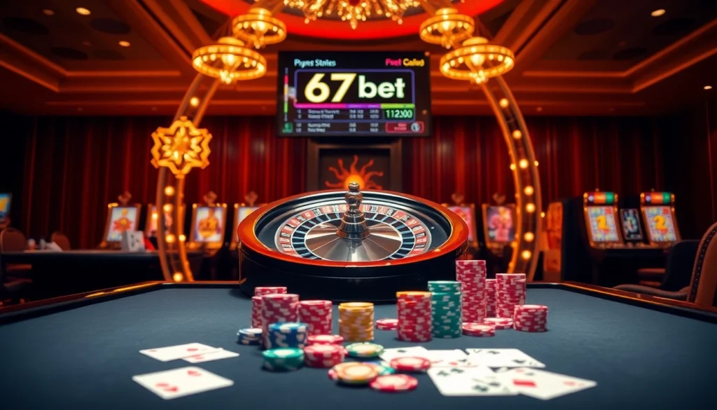 Engaging casino scene with 67bet logo, roulette wheel, cards, and poker chips.