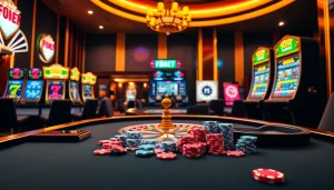 Experience thrilling gameplay at F8BET with vibrant casino elements like roulette wheels and poker chips.