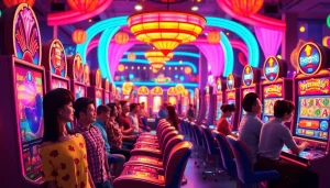 Menampilkan petani toto yang menikmati permainan slot online dalam suasana meriah.