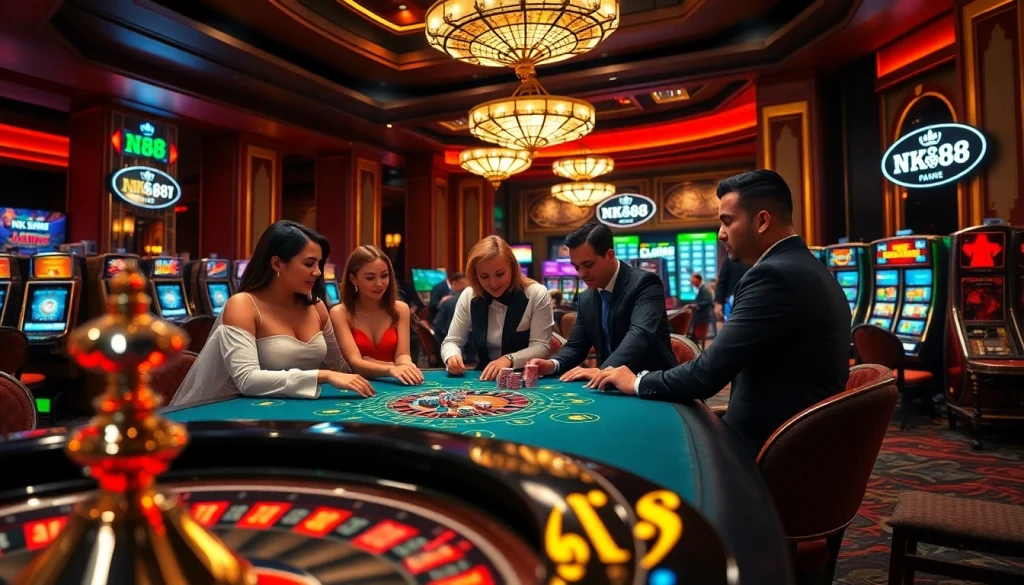 Gamblers enjoying a thrilling game of poker at a luxurious casino featuring NK 88 themed decor.