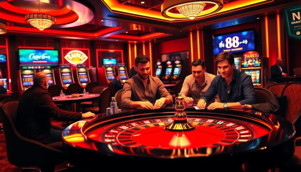 Players engaged in an exciting card game at a luxurious casino featuring Hi 88 branding.