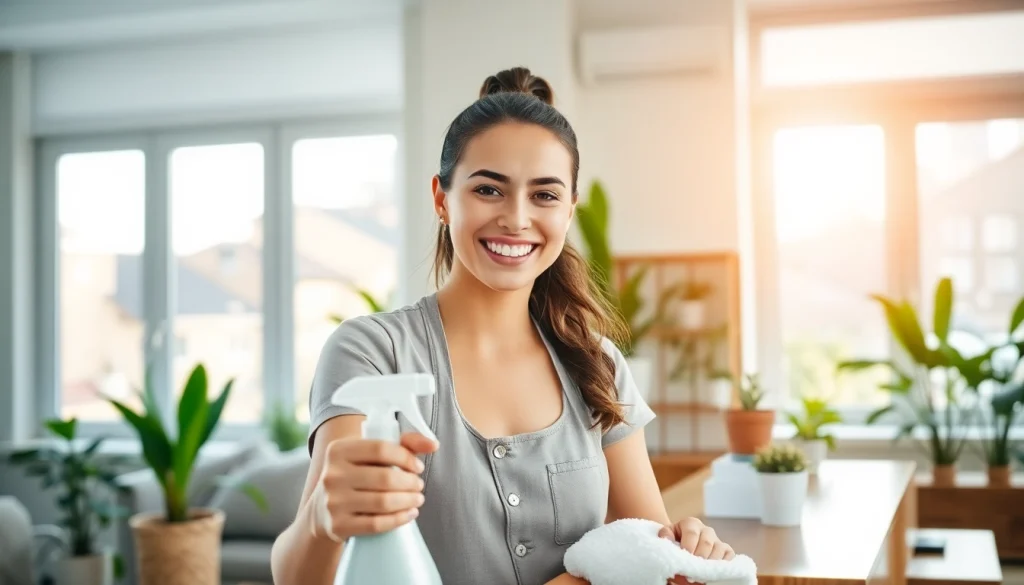 Cleaning service team joyfully organizing a bright, modern home environment.