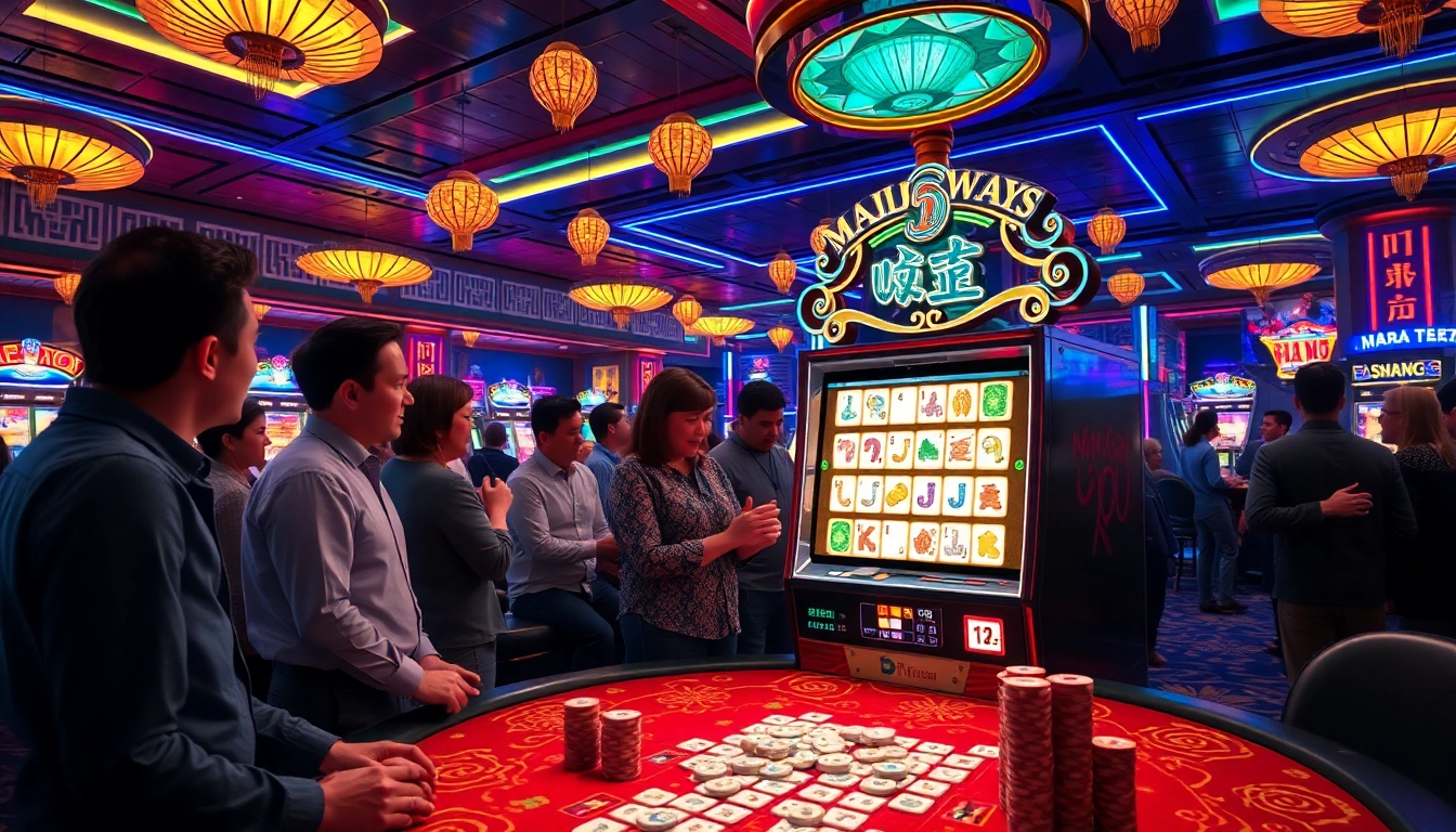 Pemain yang menikmati mesin slot Mahjong Ways 2 di kasino yang ramai.