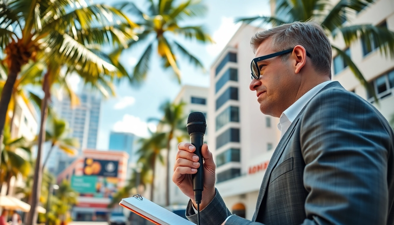 South Florida Reporter interviewing in the vibrant outdoor environment capturing news stories.