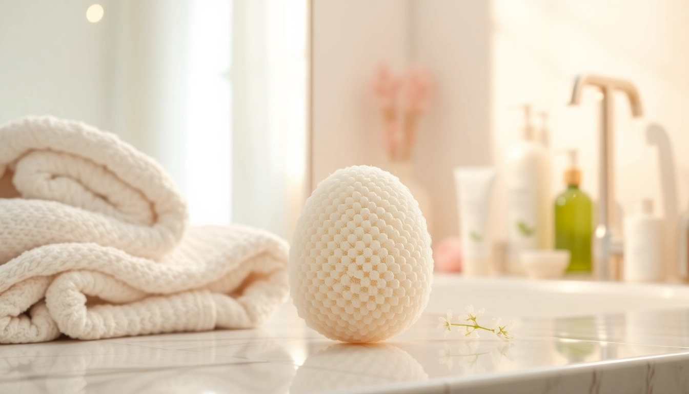 Remove makeup effortlessly with this exquisite makeup remover loofah in a serene bathroom setting.