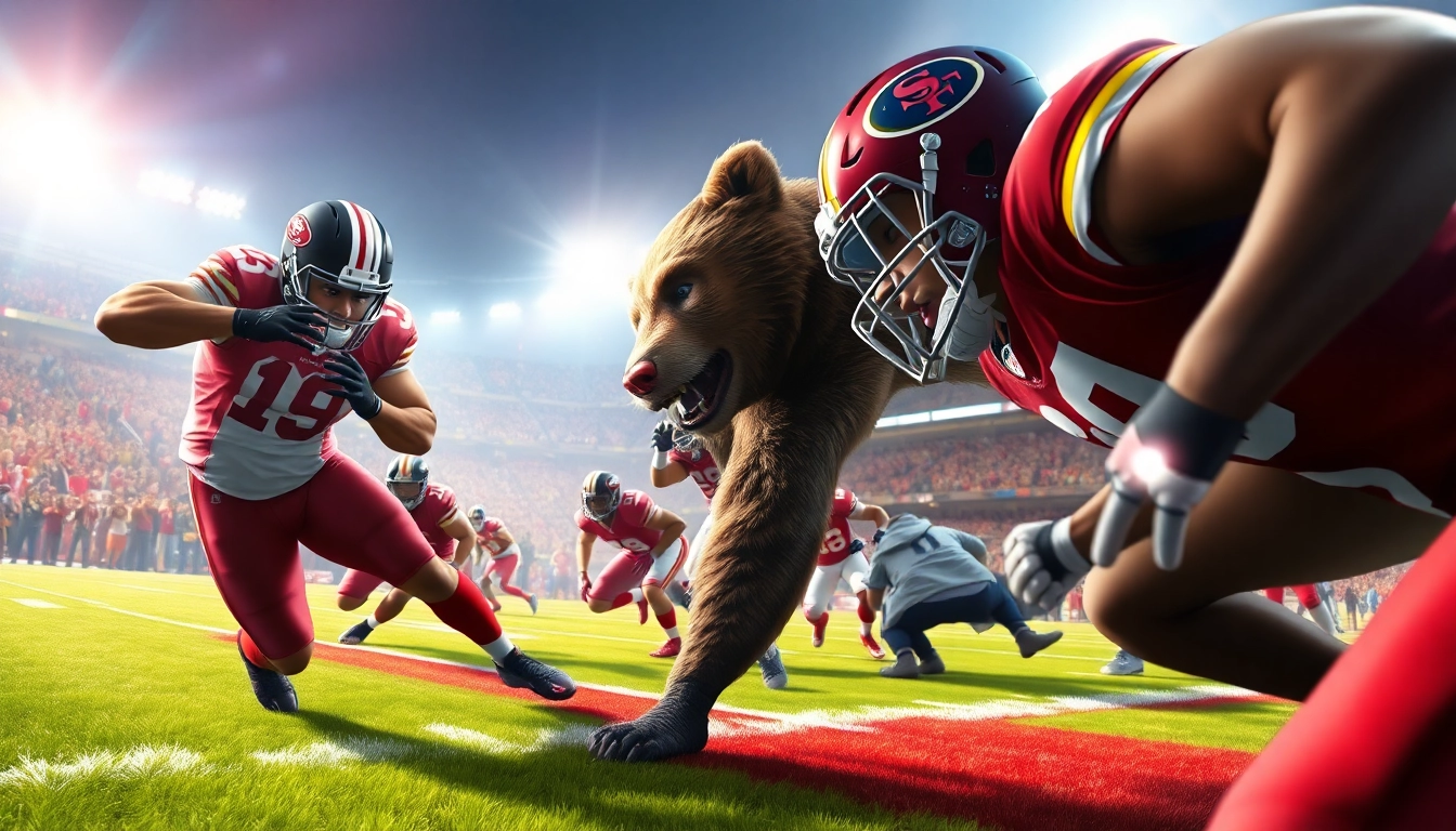 Bears vs 49ers showdown: Intense football action capturing players' fierce expressions.