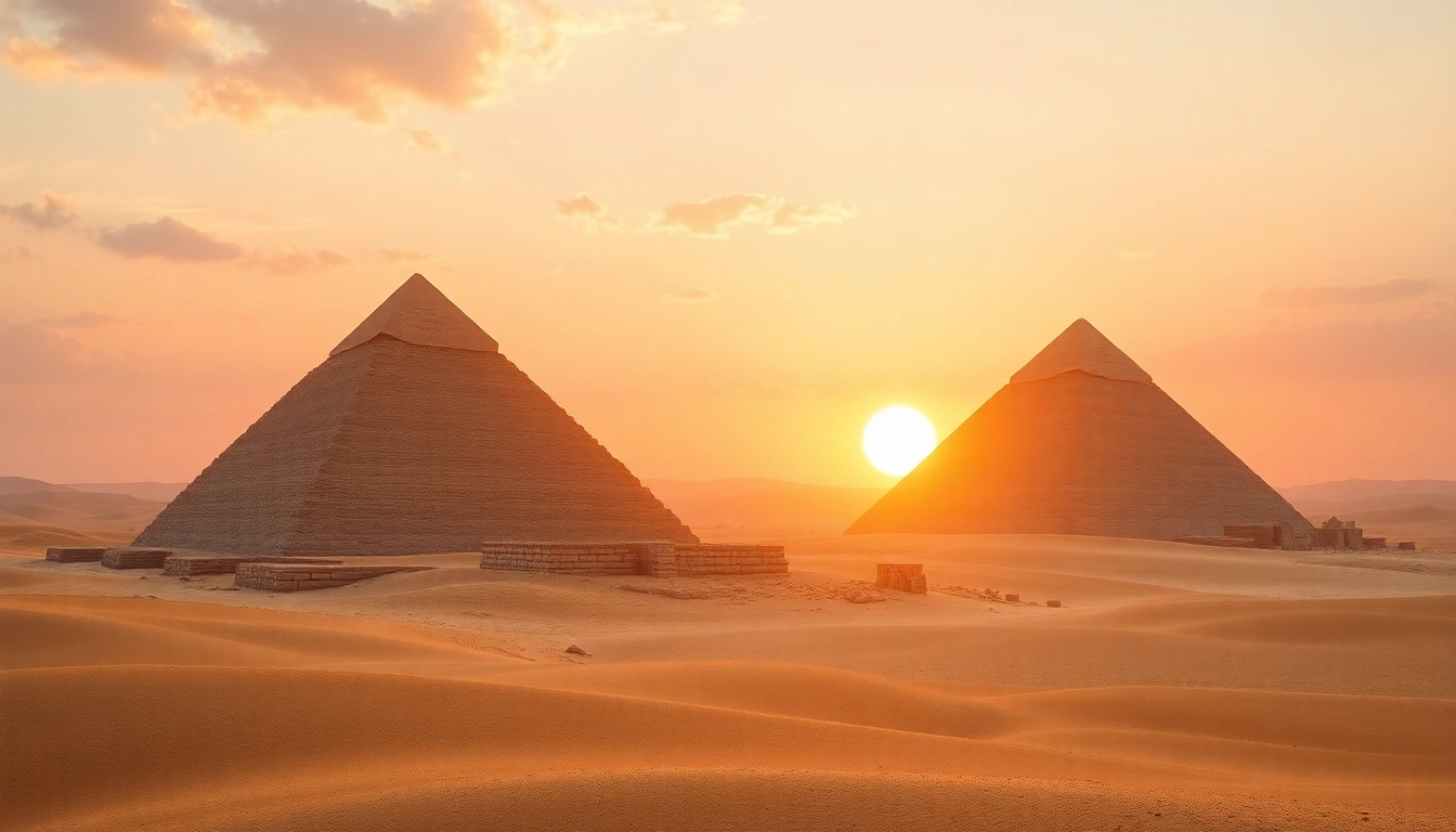 Piraminds set against a stunning sunset, showcasing their ancient grandeur and historical significance.