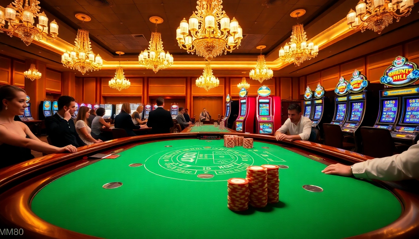 A thrilling blackjack game in an elegant casino at https://mm88.co.in/ with players, chips, and excited atmosphere.