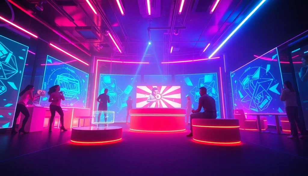 Explore engaging interactions in AI-powered sex games, showcasing vibrant digital landscapes and holographic characters.