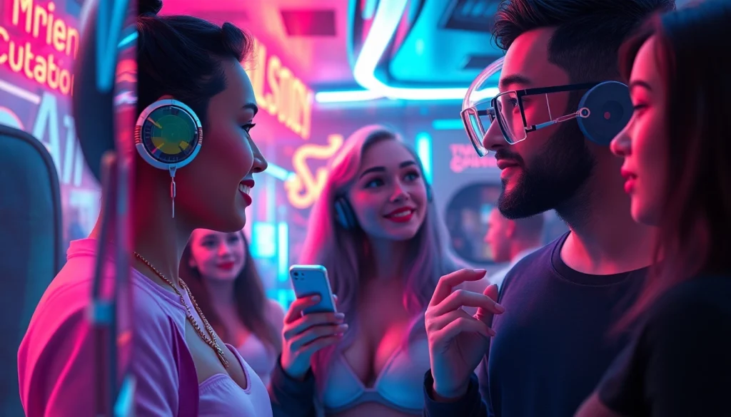 Engaging scene of diverse users interacting with NSFW AI chatbots in a futuristic digital environment.