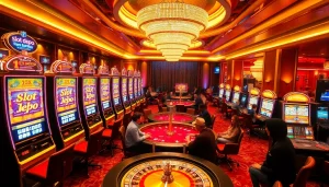 Experience high-stakes excitement with slot depo 1k in a luxurious casino setting featuring vibrant slot machines and tables.