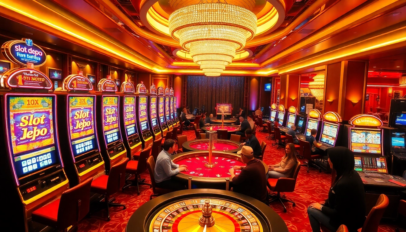 Experience high-stakes excitement with slot depo 1k in a luxurious casino setting featuring vibrant slot machines and tables.