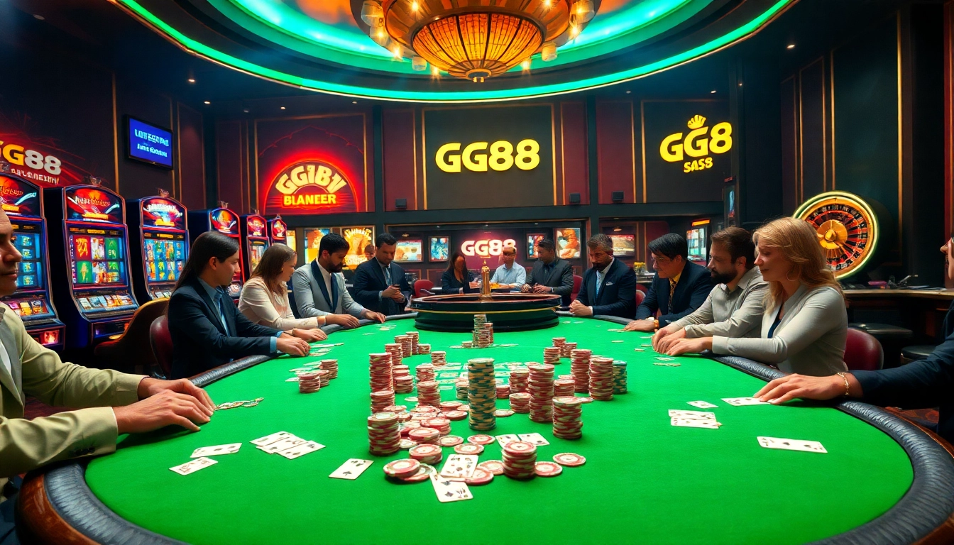 Exciting GG88 casino experience with poker chips and vibrant slot machines.