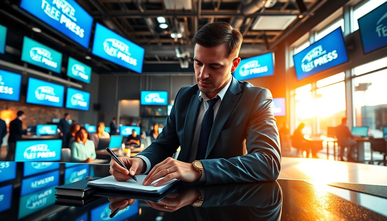 A news reporter actively working on a story for the Tampa Free Press, set in a lively newsroom.