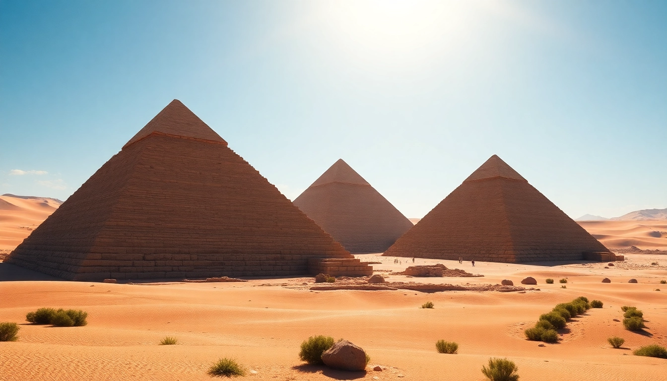 Piraminds standing majestically against a bright blue sky, showcasing their ancient grandeur.