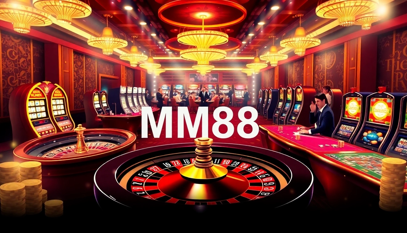Players enjoying thrilling games at MM88 casino with vibrant roulette wheels and poker tables.