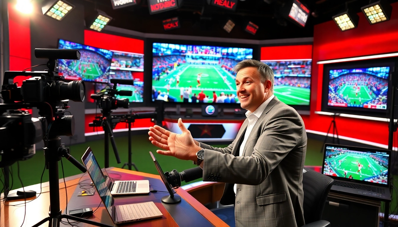 Engaging sports broadcasting setup showcasing live sports analysis with vibrant studio elements.
