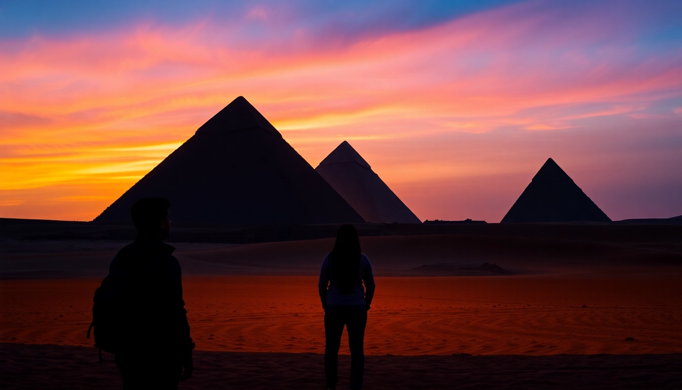 Traveler admiring the grandeur of the piraminds at sunset, highlighting their ancient majesty.