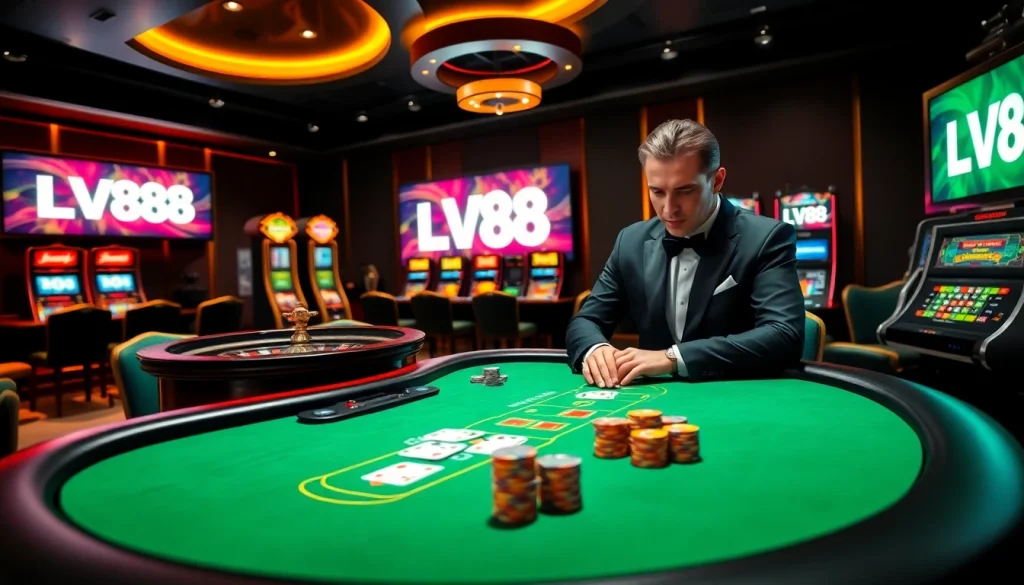 Excited players engaging in poker and roulette at an LV88 online casino setting.