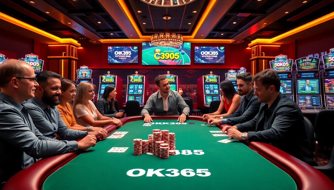 Experience the luxury of online gambling with OK365 at a vibrant poker table surrounded by engaged players.