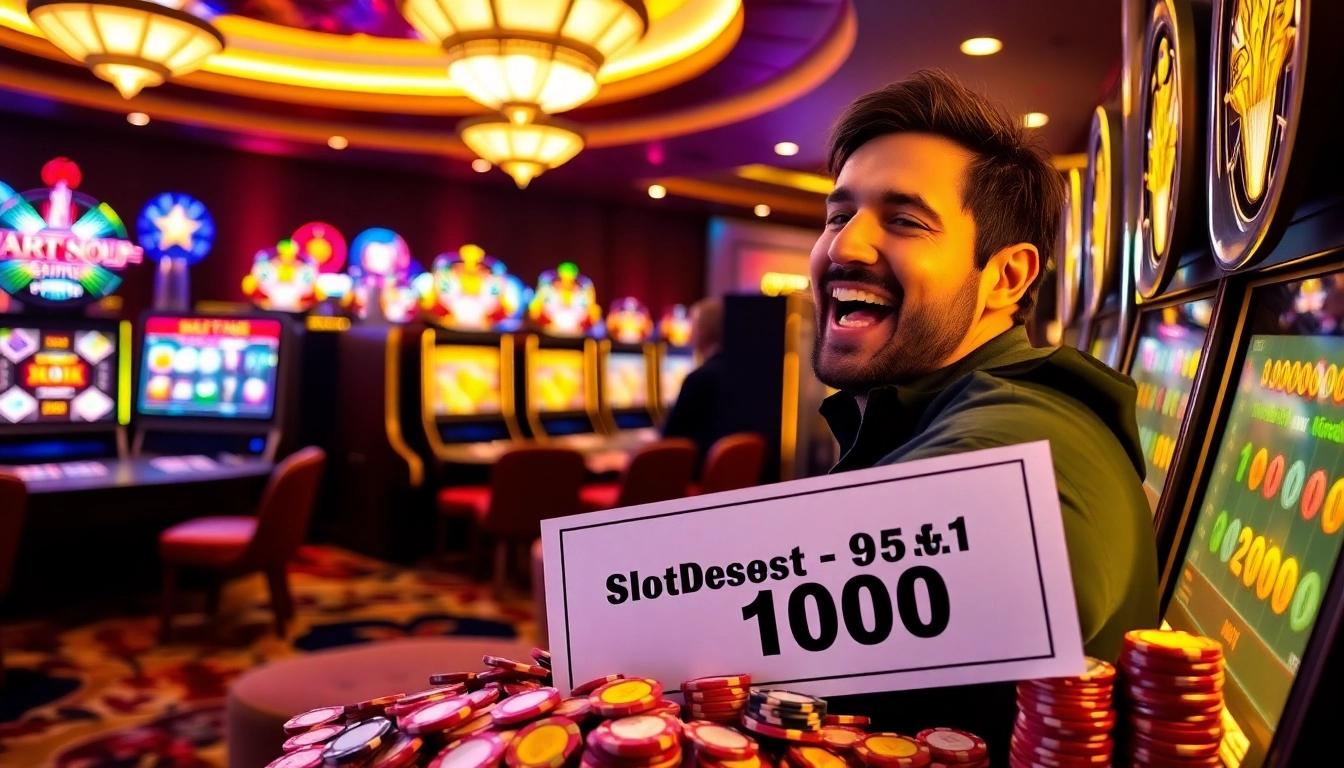 Merayakan kemenangan di mesin Slot Deposit 1000 dengan elemen kasino yang penuh warna.