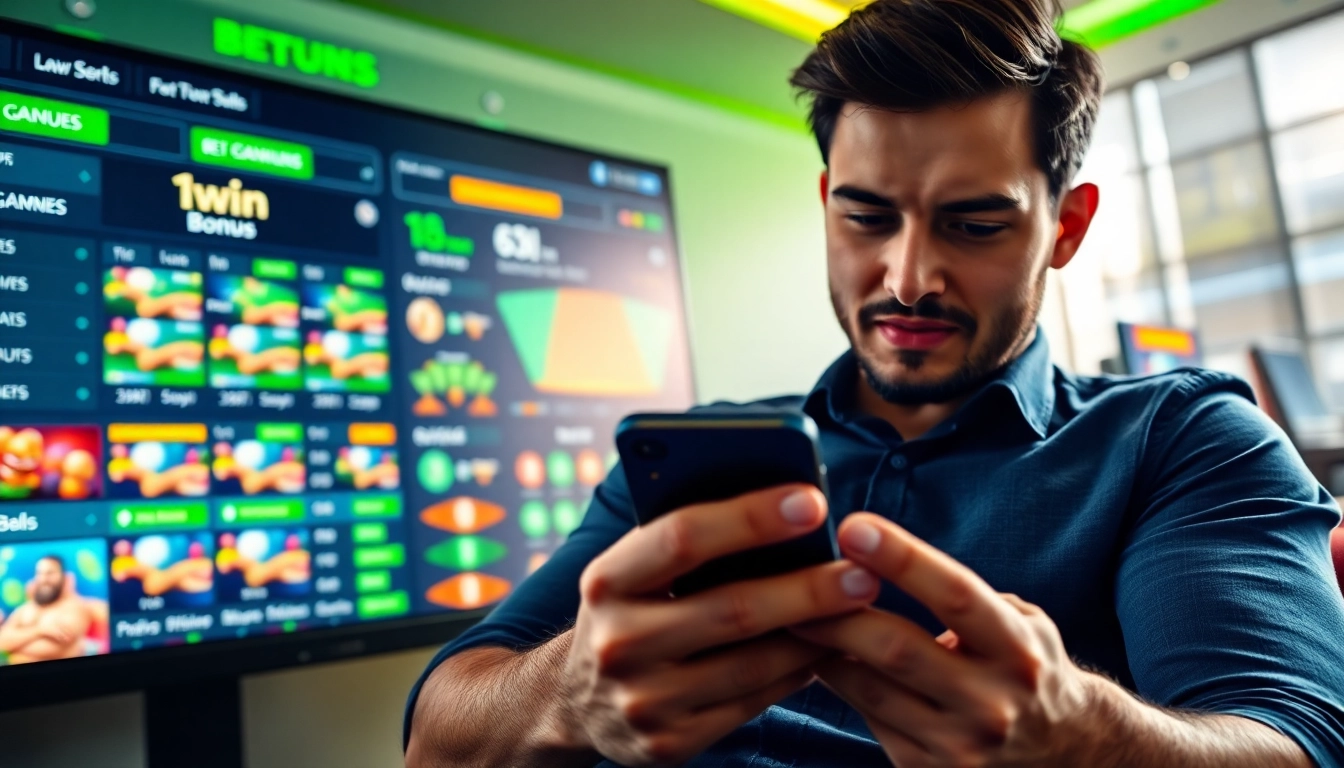 1win bonus təqdim edən canlı onlayn bahis səhnəsi, oyunçunun mobil cihazla yarışdığını göstərir.