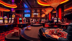 Exciting gambling action with s88vip branded casino tables and poker chips in a luxurious setting.
