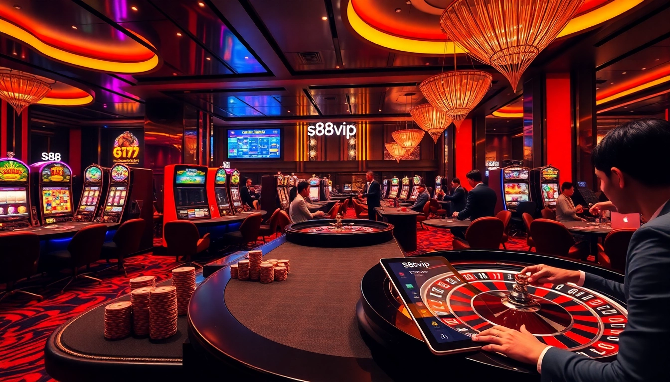Exciting gambling action with s88vip branded casino tables and poker chips in a luxurious setting.