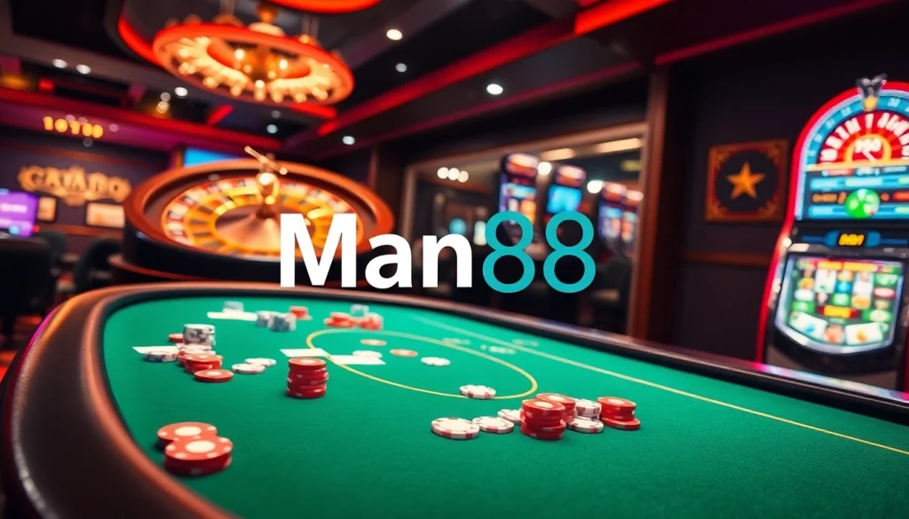 Experience the excitement of gaming at Man88 with vibrant casino tables and poker chips.
