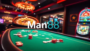 Experience the excitement of gaming at Man88 with vibrant casino tables and poker chips.
