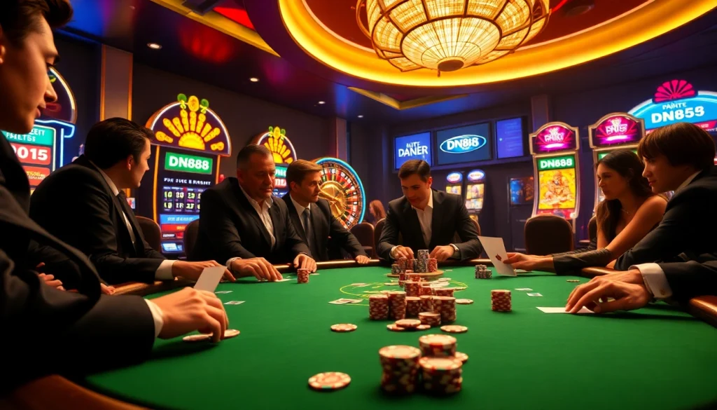 Players engaging in DN88 poker at a luxury casino table, encapsulating gambling excitement.