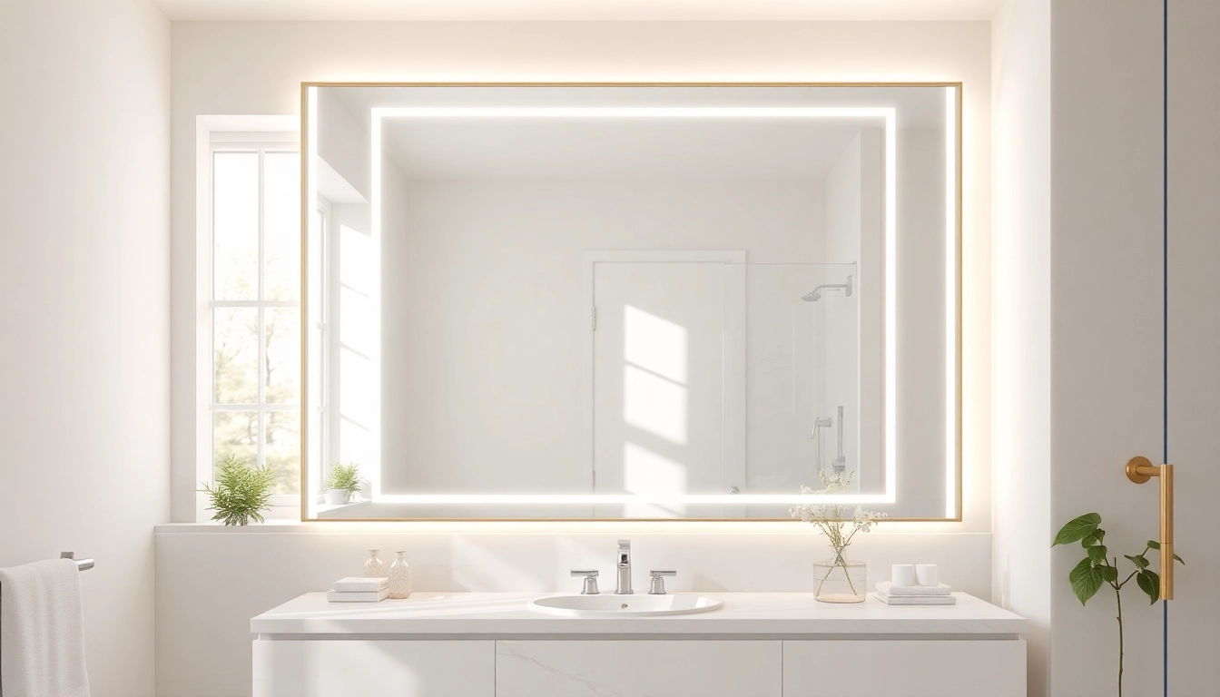 Admire a stunning mirror and led lights in a beautifully designed bathroom setting.