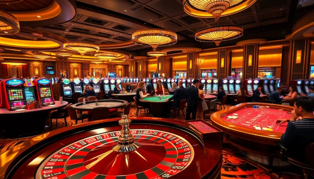 Gambling excitement at a rikvip casino with poker games and a spinning roulette.