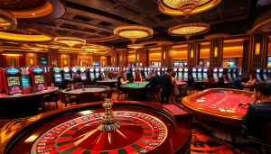 Gambling excitement at a rikvip casino with poker games and a spinning roulette.