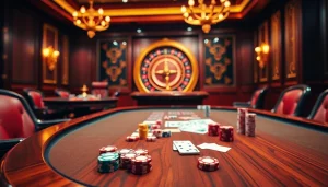 Engage with the thrilling MK8 casino experience featuring a vibrant poker table and roulette wheel.