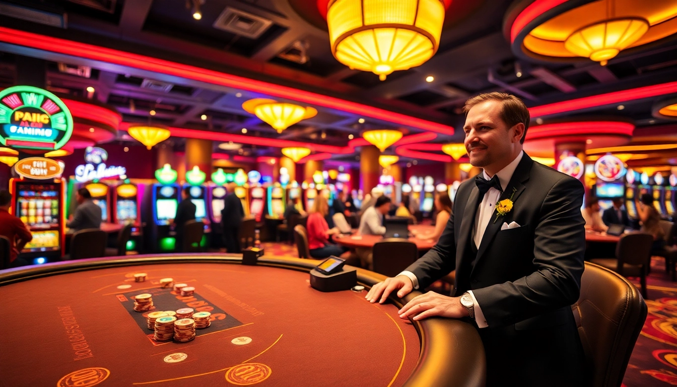 Vibrant view of best csgo gambling sites with players and casino tables against a lively backdrop.