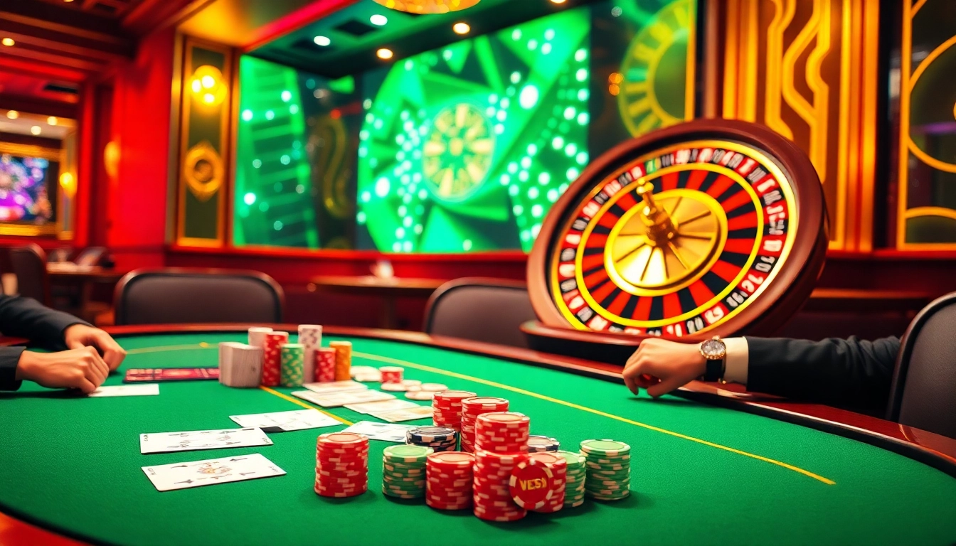 Excited gamblers enjoying mm 88's vibrant casino scene with poker and roulette.