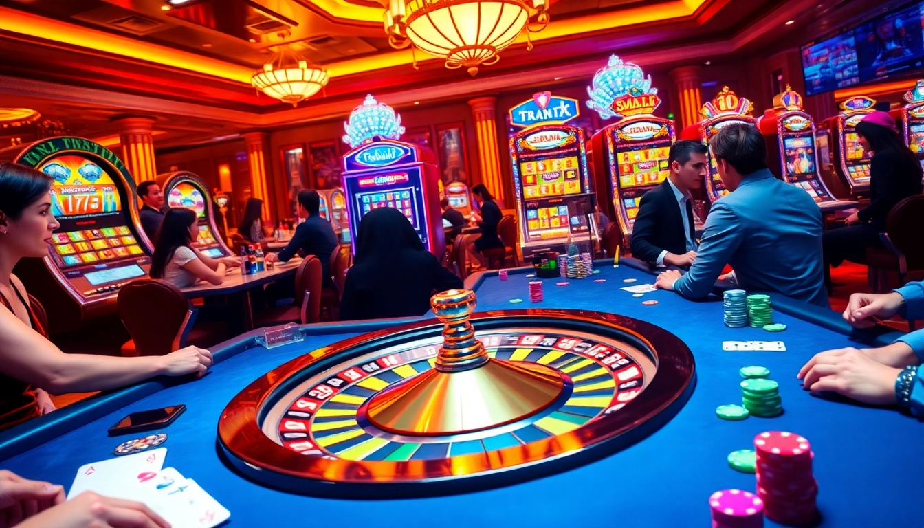 Players enjoying a thrilling gambling experience at a casino with rebahin-themed slots and roulette.