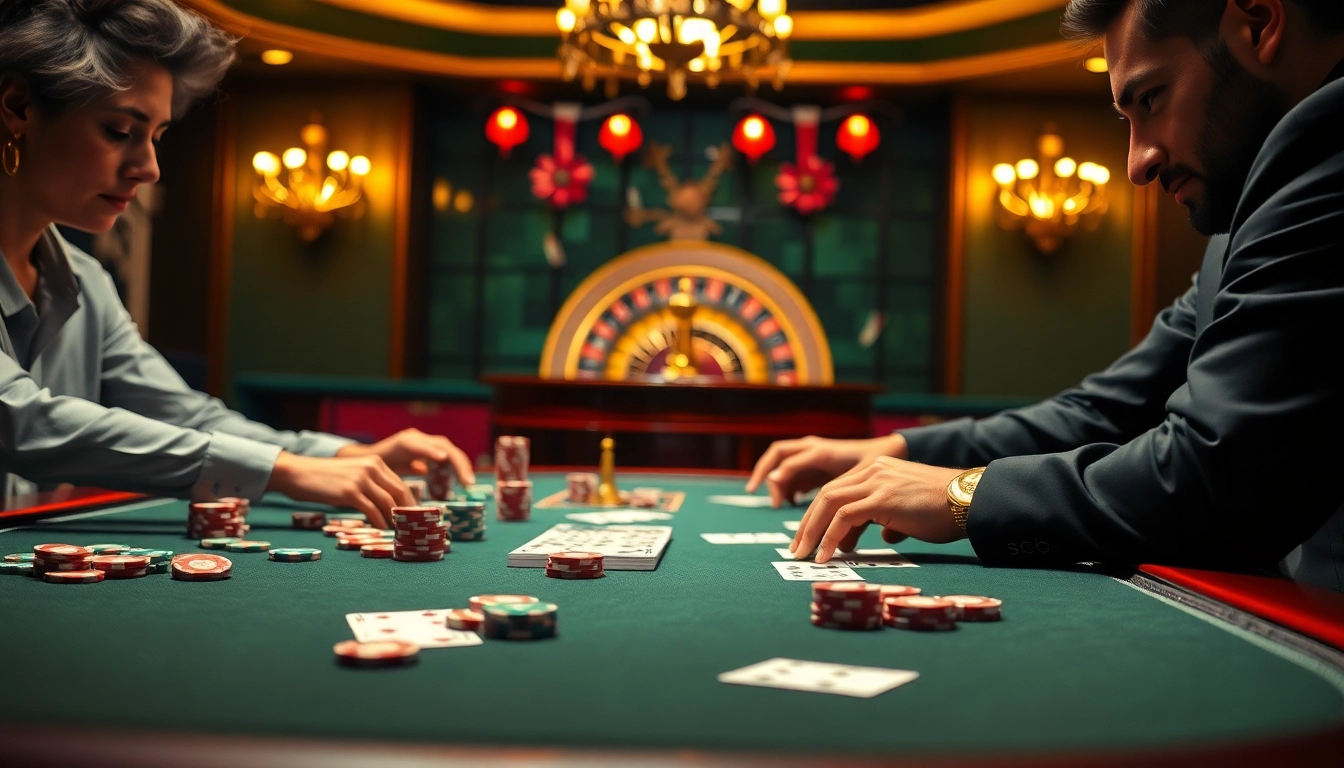 Intense poker action with sc88-themed chips and cards on a luxurious casino table.